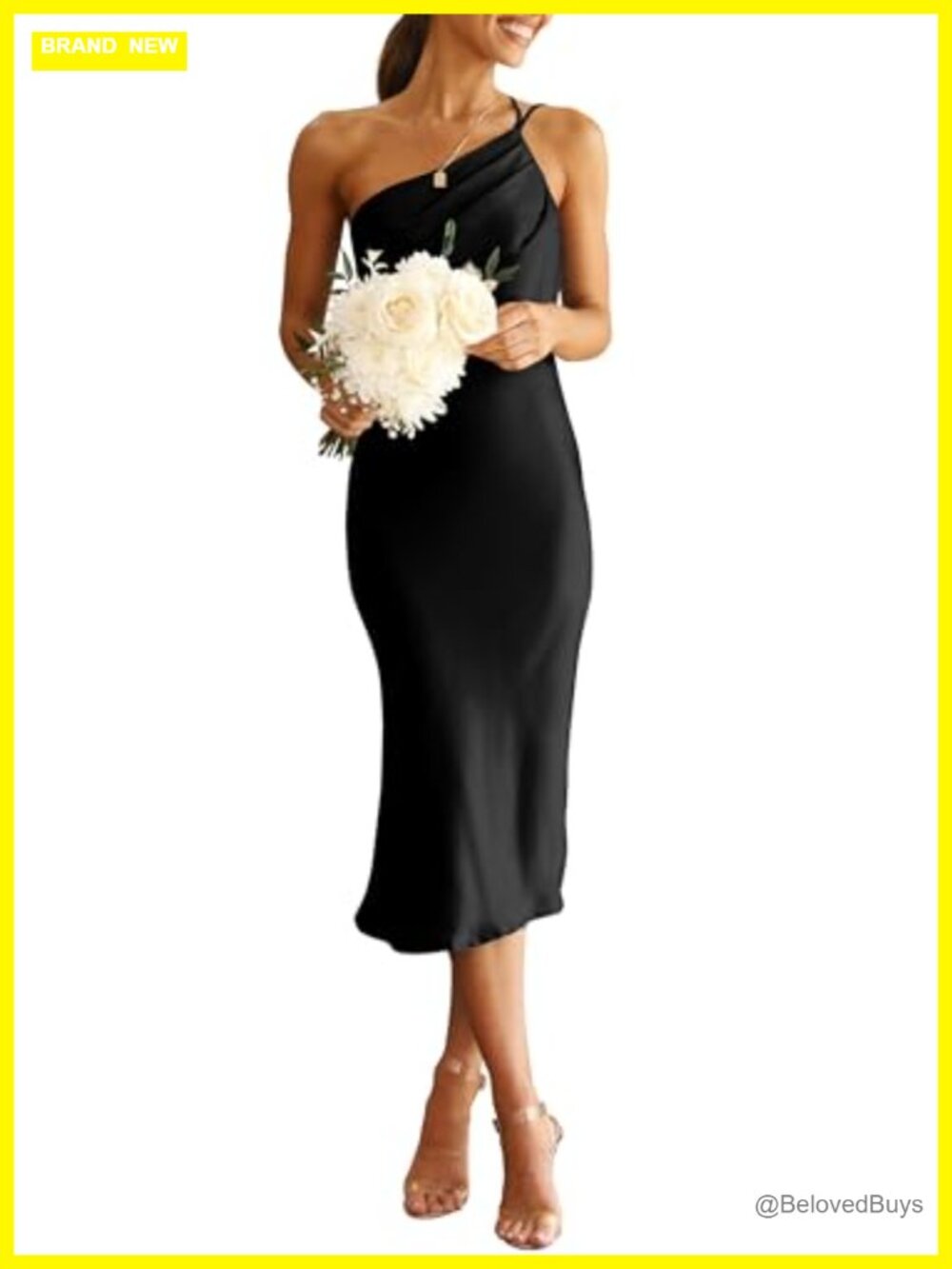 Women's Satin Backless Midi Cocktail Dress Ruched One Shoulder Sleeveless
